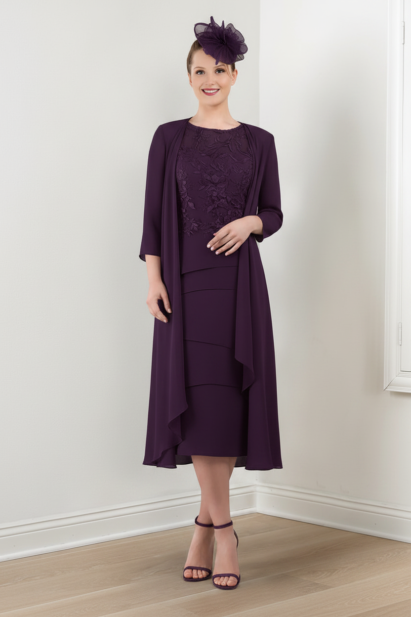 Sheath/Column Round Neck Mother of the Bride Dresses with Applique & Jacket