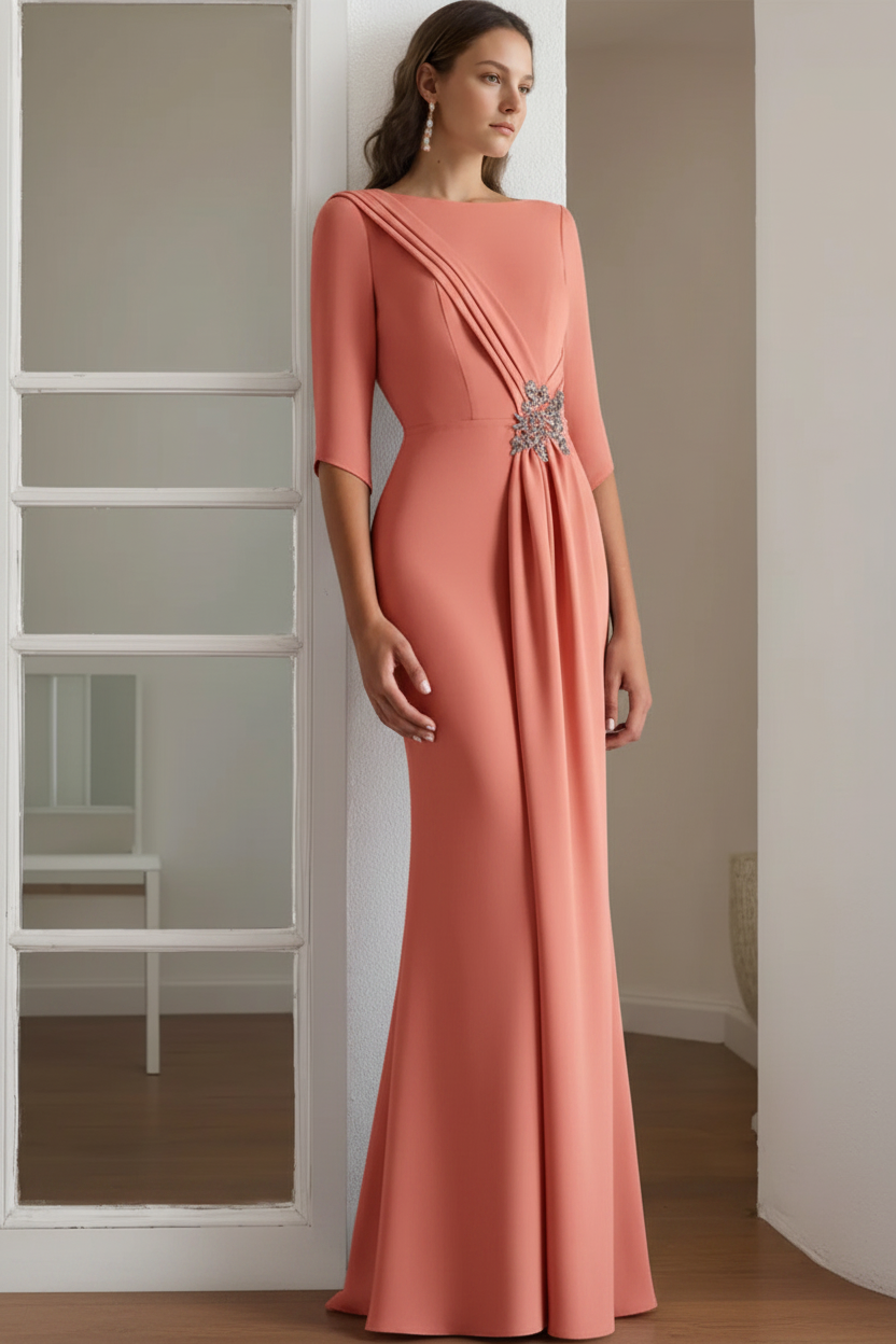 Sheath/Column Scoop 1/2 Length Sleeves Floor-Length Mother of the Bride & Groom Dresses with Rhinestone