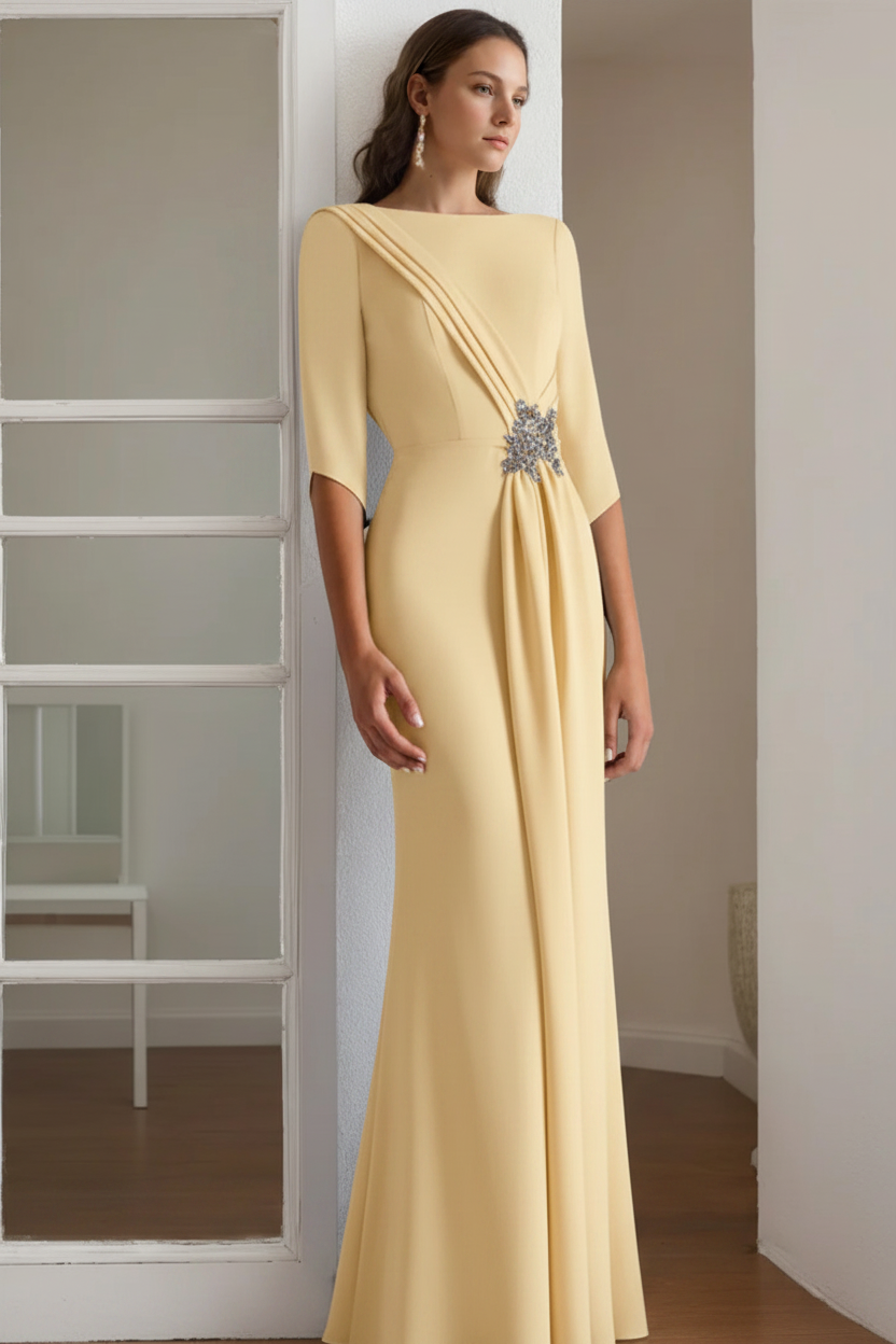 Sheath/Column Scoop 1/2 Length Sleeves Floor-Length Mother of the Bride & Groom Dresses with Rhinestone