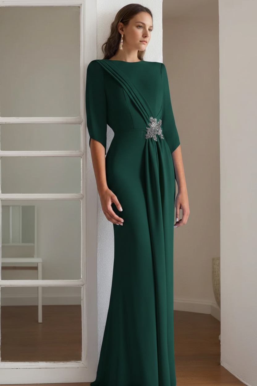Sheath/Column Scoop 1/2 Length Sleeves Floor-Length Mother of the Bride & Groom Dresses with Rhinestone