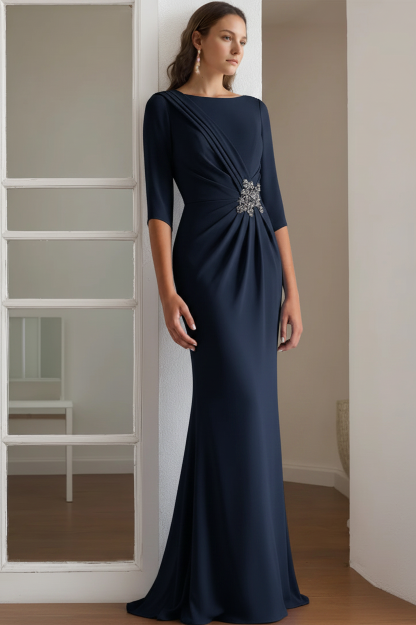 Sheath/Column Scoop 1/2 Length Sleeves Floor-Length Mother of the Bride & Groom Dresses with Rhinestone