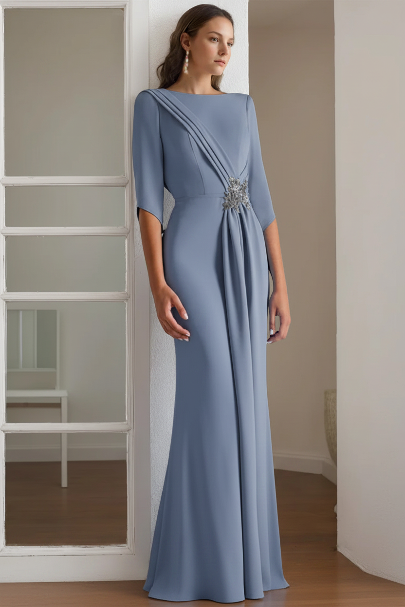 Sheath/Column Scoop 1/2 Length Sleeves Floor-Length Mother of the Bride & Groom Dresses with Rhinestone