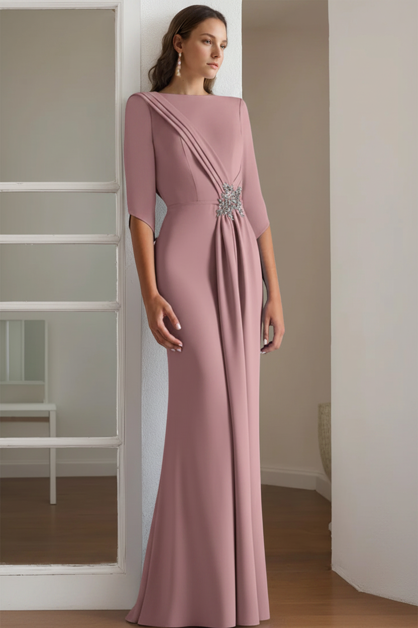Sheath/Column Scoop 1/2 Length Sleeves Floor-Length Mother of the Bride & Groom Dresses with Rhinestone