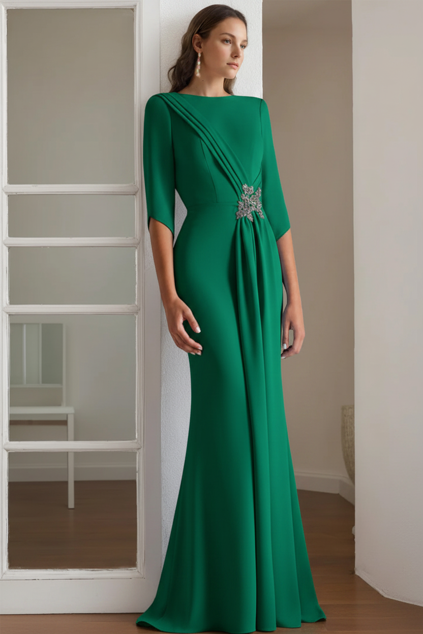 Sheath/Column Scoop 1/2 Length Sleeves Floor-Length Mother of the Bride & Groom Dresses with Rhinestone