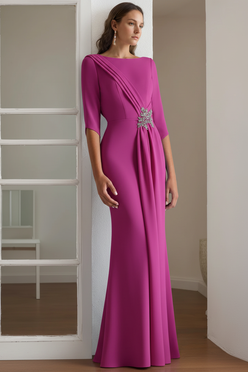 Sheath/Column Scoop 1/2 Length Sleeves Floor-Length Mother of the Bride & Groom Dresses with Rhinestone