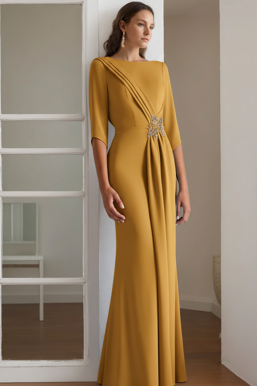 Sheath/Column Scoop 1/2 Length Sleeves Floor-Length Mother of the Bride & Groom Dresses with Rhinestone