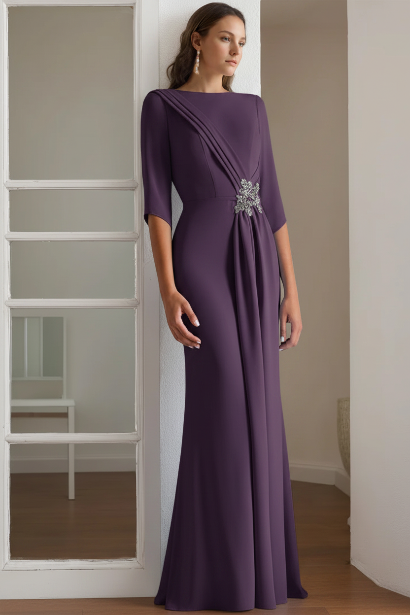 Sheath/Column Scoop 1/2 Length Sleeves Floor-Length Mother of the Bride & Groom Dresses with Rhinestone