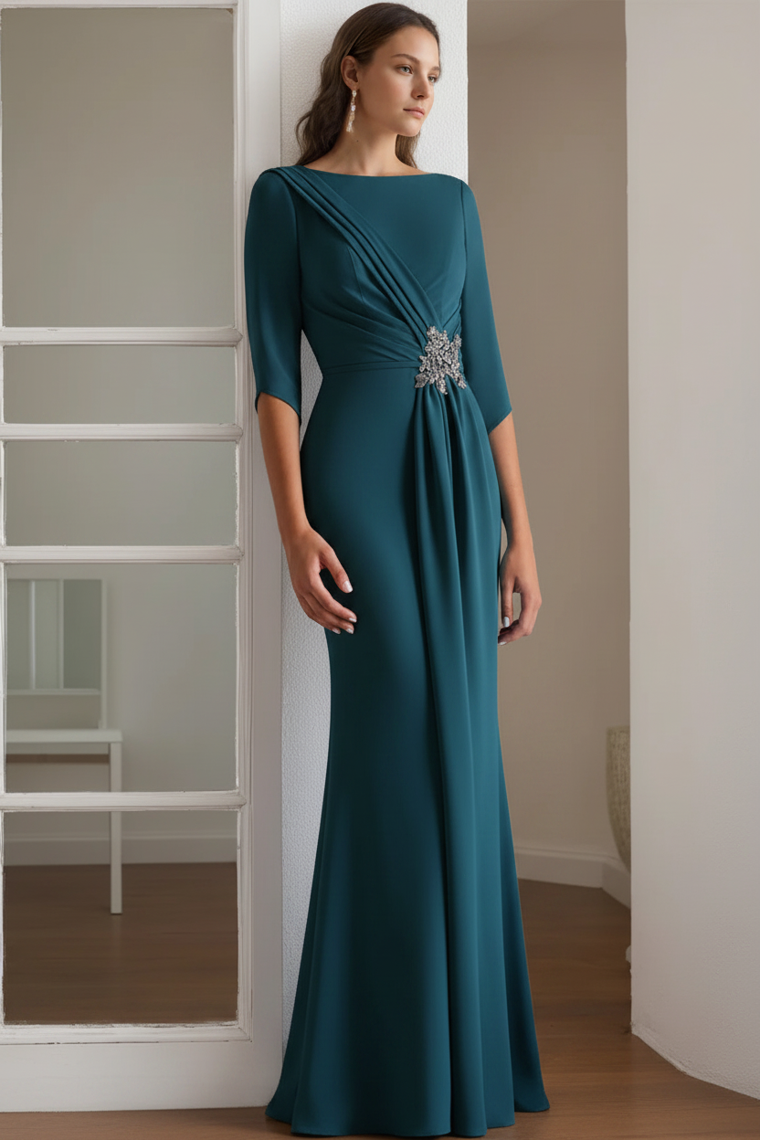 Sheath/Column Scoop 1/2 Length Sleeves Floor-Length Mother of the Bride & Groom Dresses with Rhinestone