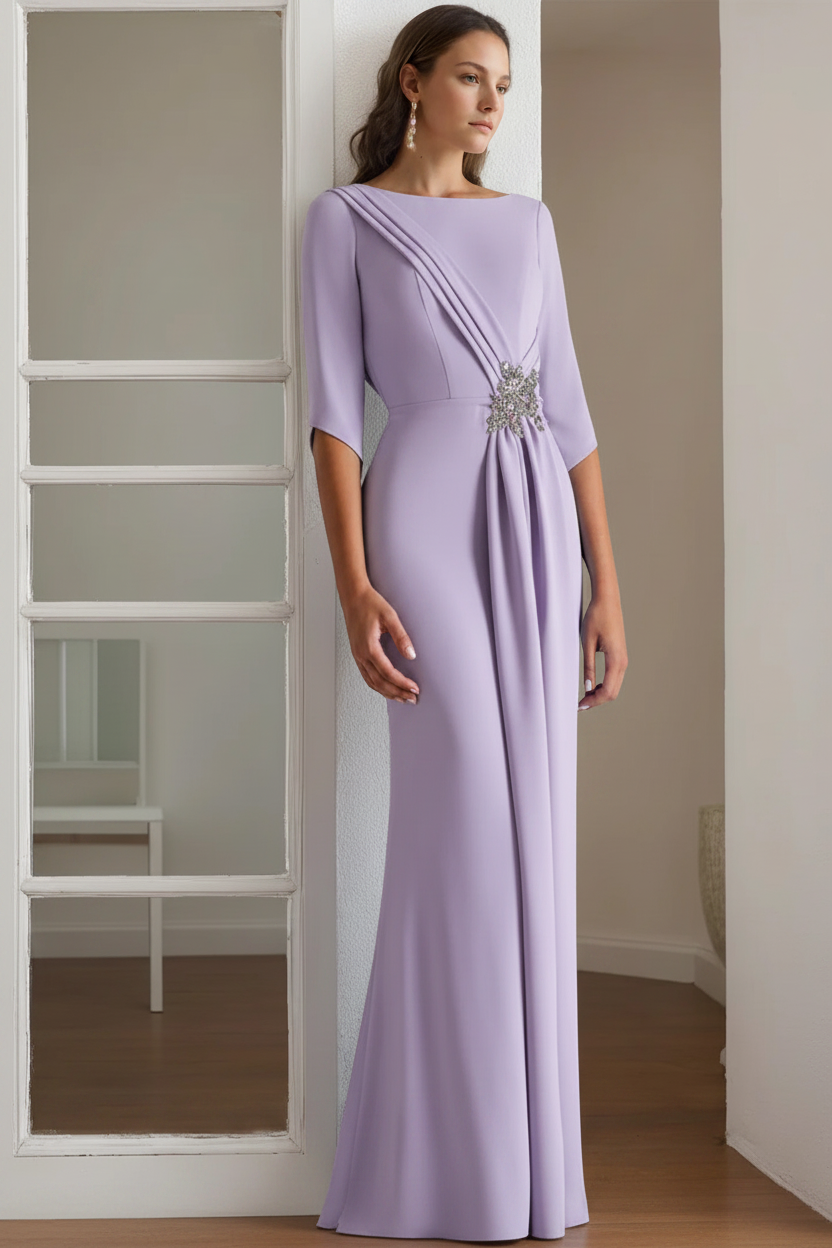 Sheath/Column Scoop 1/2 Length Sleeves Floor-Length Mother of the Bride & Groom Dresses with Rhinestone