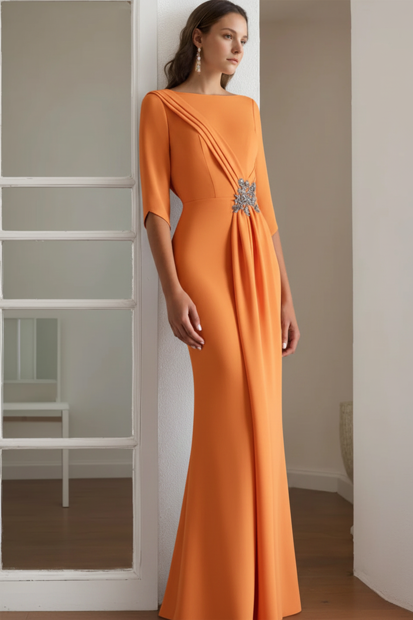 Sheath/Column Scoop 1/2 Length Sleeves Floor-Length Mother of the Bride & Groom Dresses with Rhinestone