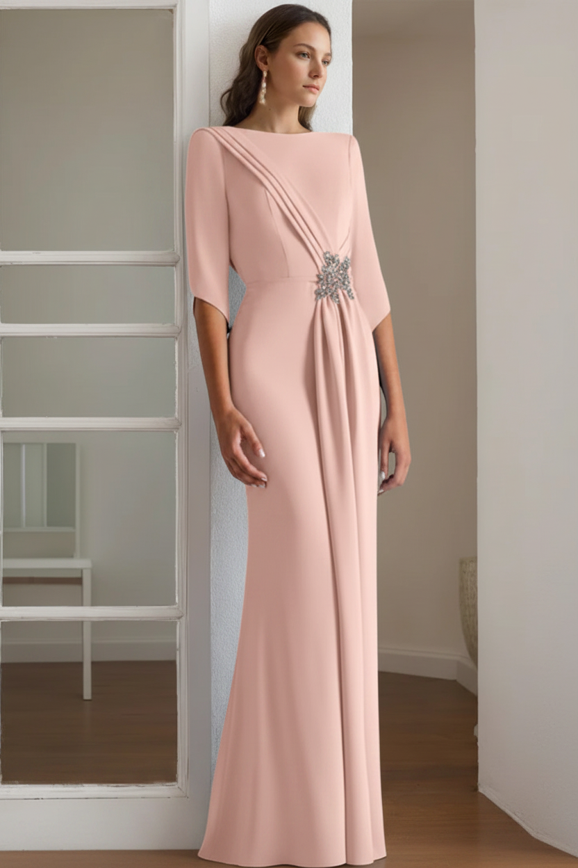 Sheath/Column Scoop 1/2 Length Sleeves Floor-Length Mother of the Bride & Groom Dresses with Rhinestone