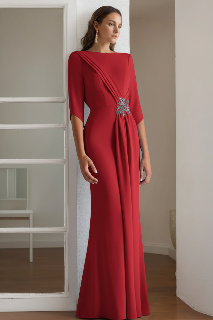 Sheath/Column Scoop 1/2 Length Sleeves Floor-Length Mother of the Bride & Groom Dresses with Rhinestone