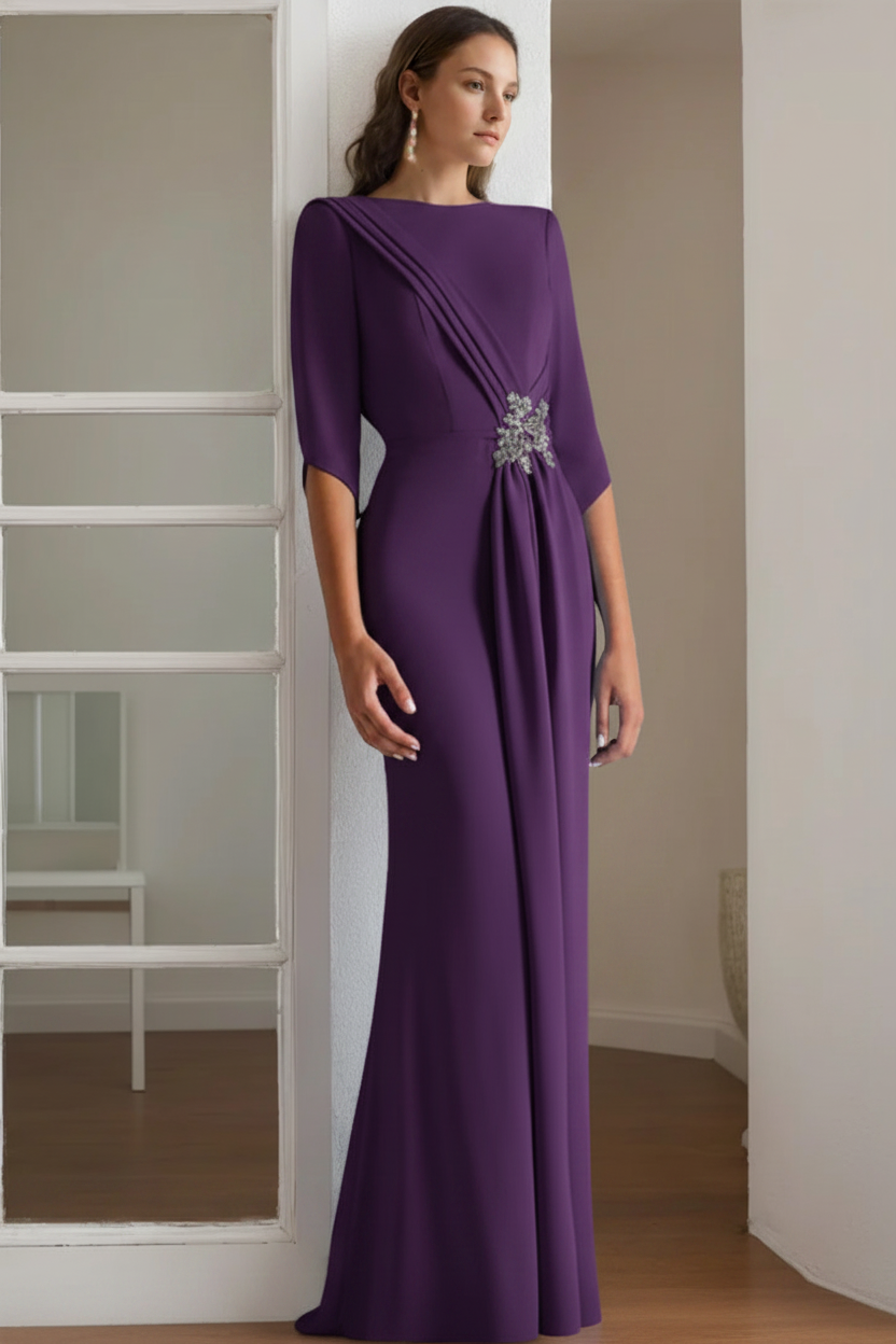 Sheath/Column Scoop 1/2 Length Sleeves Floor-Length Mother of the Bride & Groom Dresses with Rhinestone