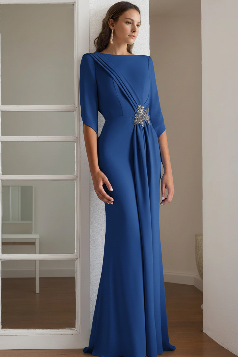 Sheath/Column Scoop 1/2 Length Sleeves Floor-Length Mother of the Bride & Groom Dresses with Rhinestone
