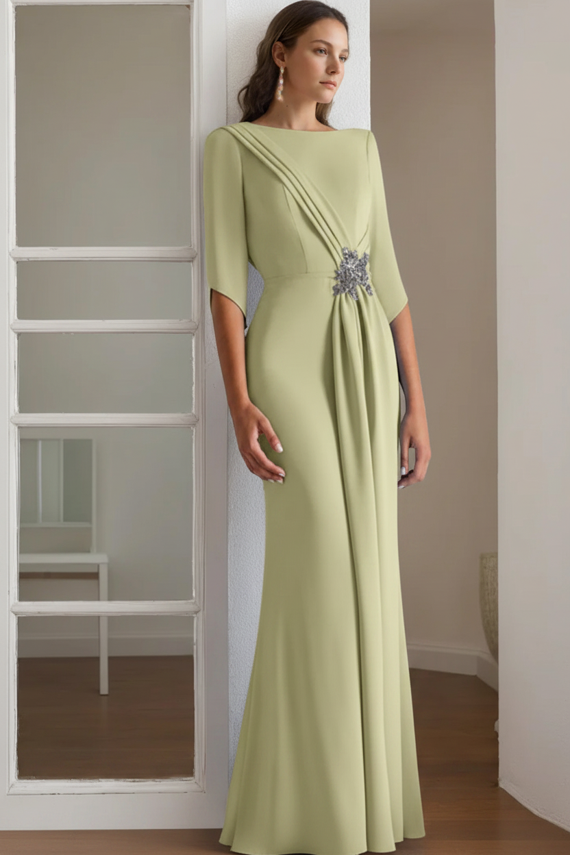 Sheath/Column Scoop 1/2 Length Sleeves Floor-Length Mother of the Bride & Groom Dresses with Rhinestone