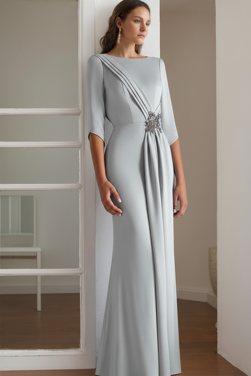 Sheath/Column Scoop 1/2 Length Sleeves Floor-Length Mother of the Bride & Groom Dresses with Rhinestone