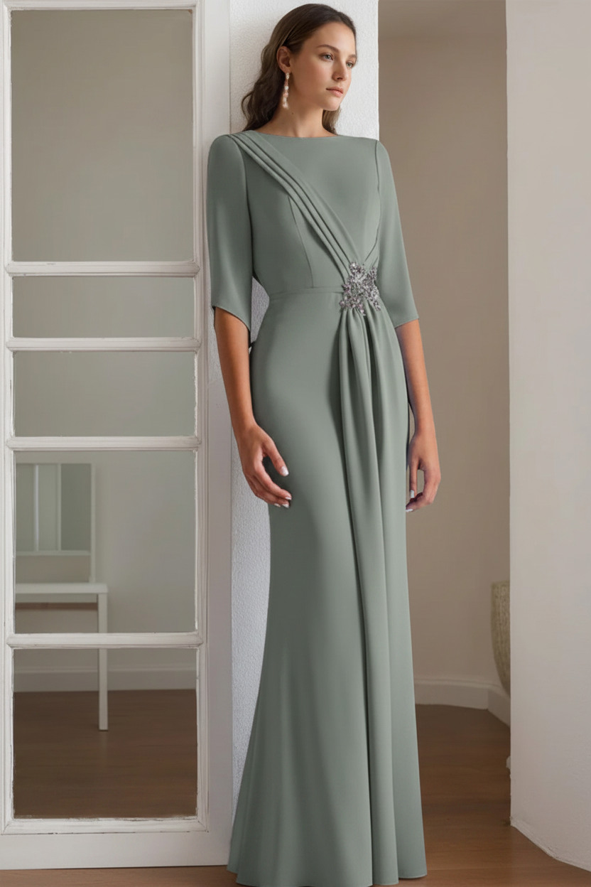Sheath/Column Scoop 1/2 Length Sleeves Floor-Length Mother of the Bride & Groom Dresses with Rhinestone