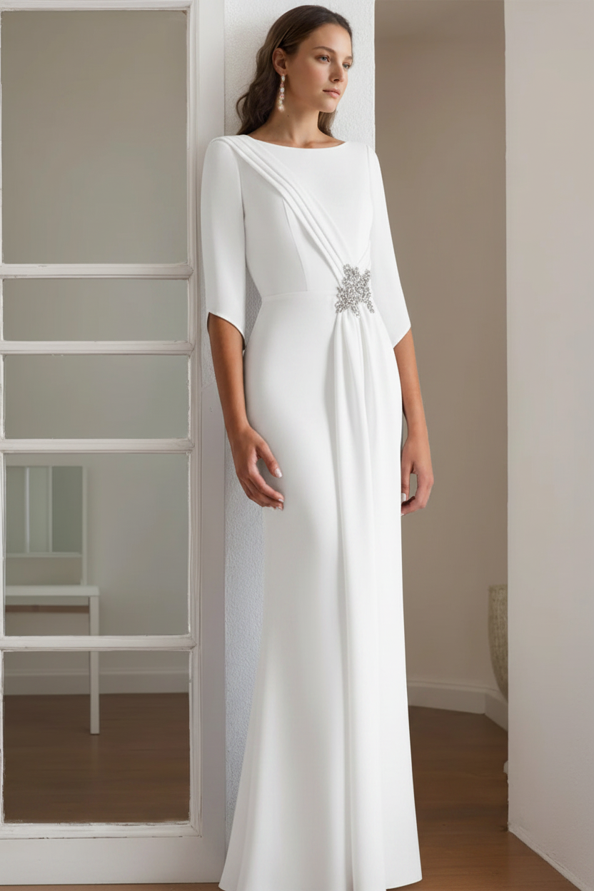 Sheath/Column Scoop 1/2 Length Sleeves Floor-Length Mother of the Bride & Groom Dresses with Rhinestone