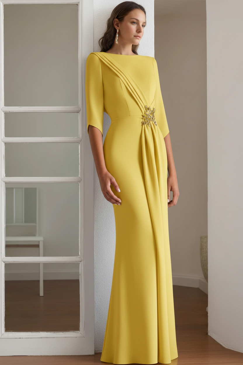 Sheath/Column Scoop 1/2 Length Sleeves Floor-Length Mother of the Bride & Groom Dresses with Rhinestone