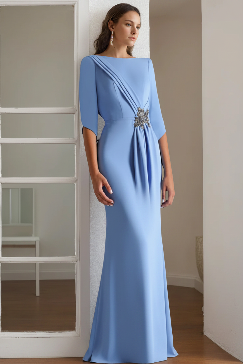 Sheath/Column Scoop 1/2 Length Sleeves Floor-Length Mother of the Bride & Groom Dresses with Rhinestone