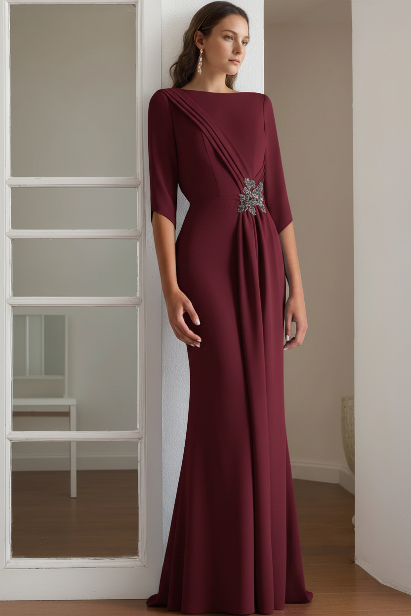 Sheath/Column Scoop 1/2 Length Sleeves Floor-Length Mother of the Bride & Groom Dresses with Rhinestone