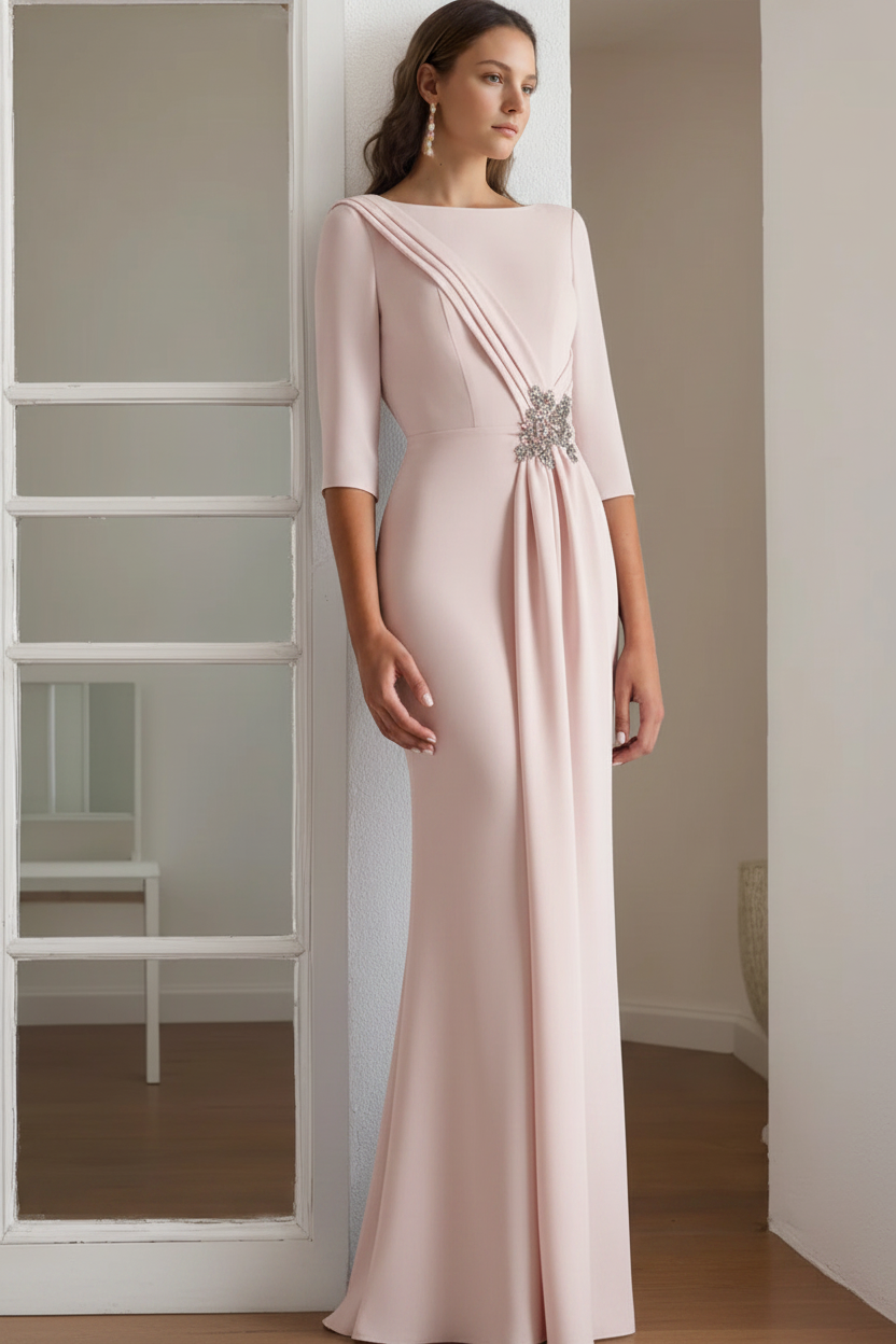 Sheath/Column Scoop 1/2 Length Sleeves Floor-Length Mother of the Bride & Groom Dresses with Rhinestone