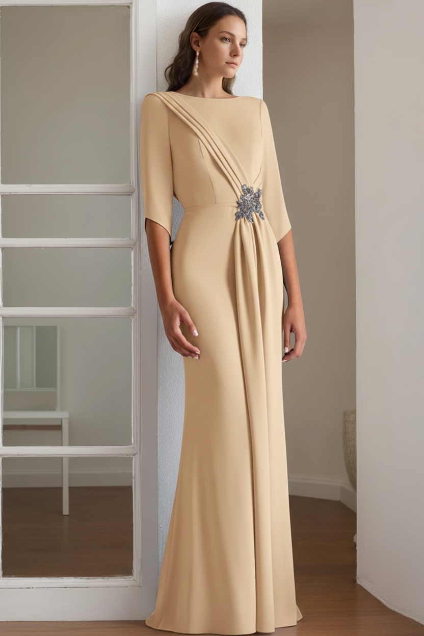 Sheath/Column Scoop 1/2 Length Sleeves Floor-Length Mother of the Bride & Groom Dresses with Rhinestone