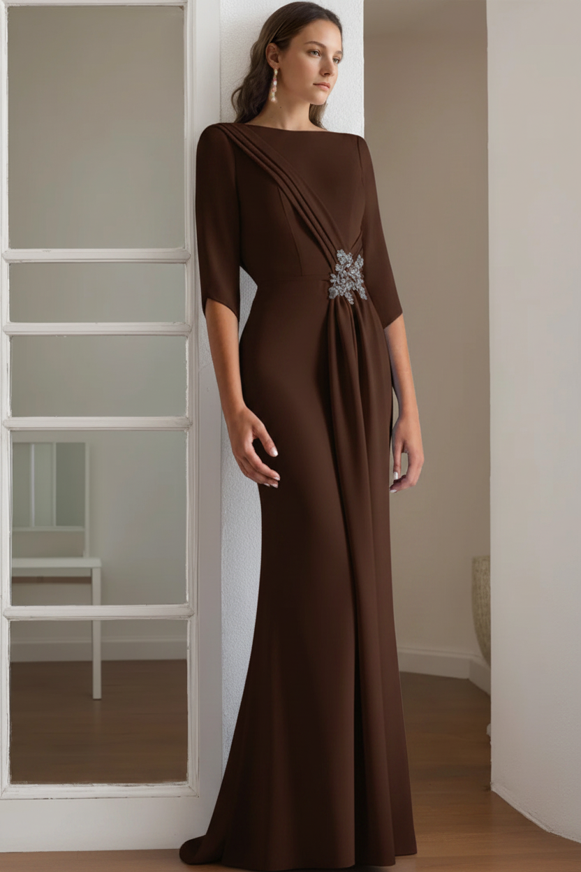 Sheath/Column Scoop 1/2 Length Sleeves Floor-Length Mother of the Bride & Groom Dresses with Rhinestone