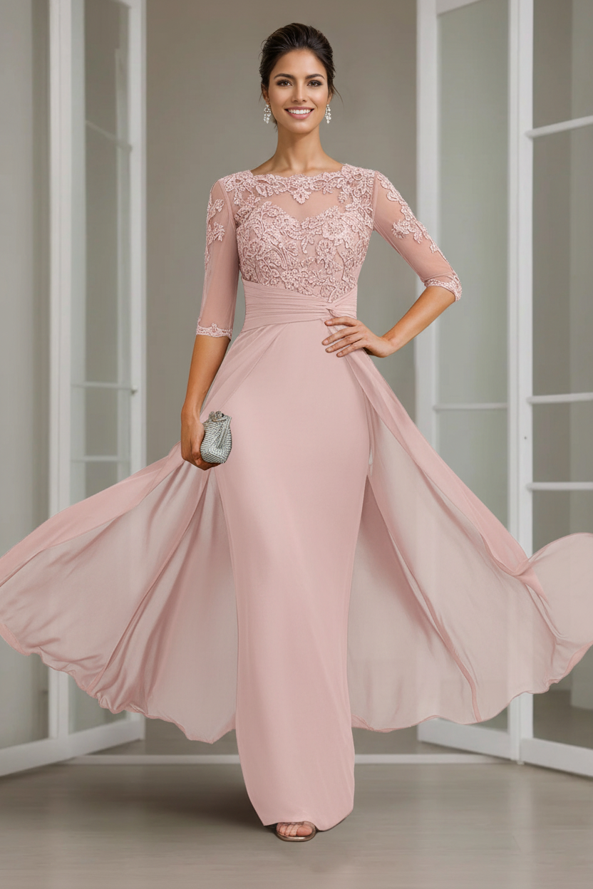Sheath/Column Scoop Chiffon Lace Mother of the Bride Dresses Half Sleeves Floor-Length with Appliques