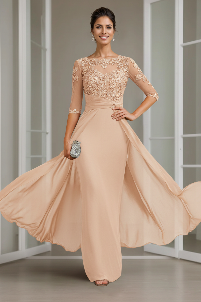 Sheath/Column Scoop Chiffon Lace Mother of the Bride Dresses Half Sleeves Floor-Length with Appliques