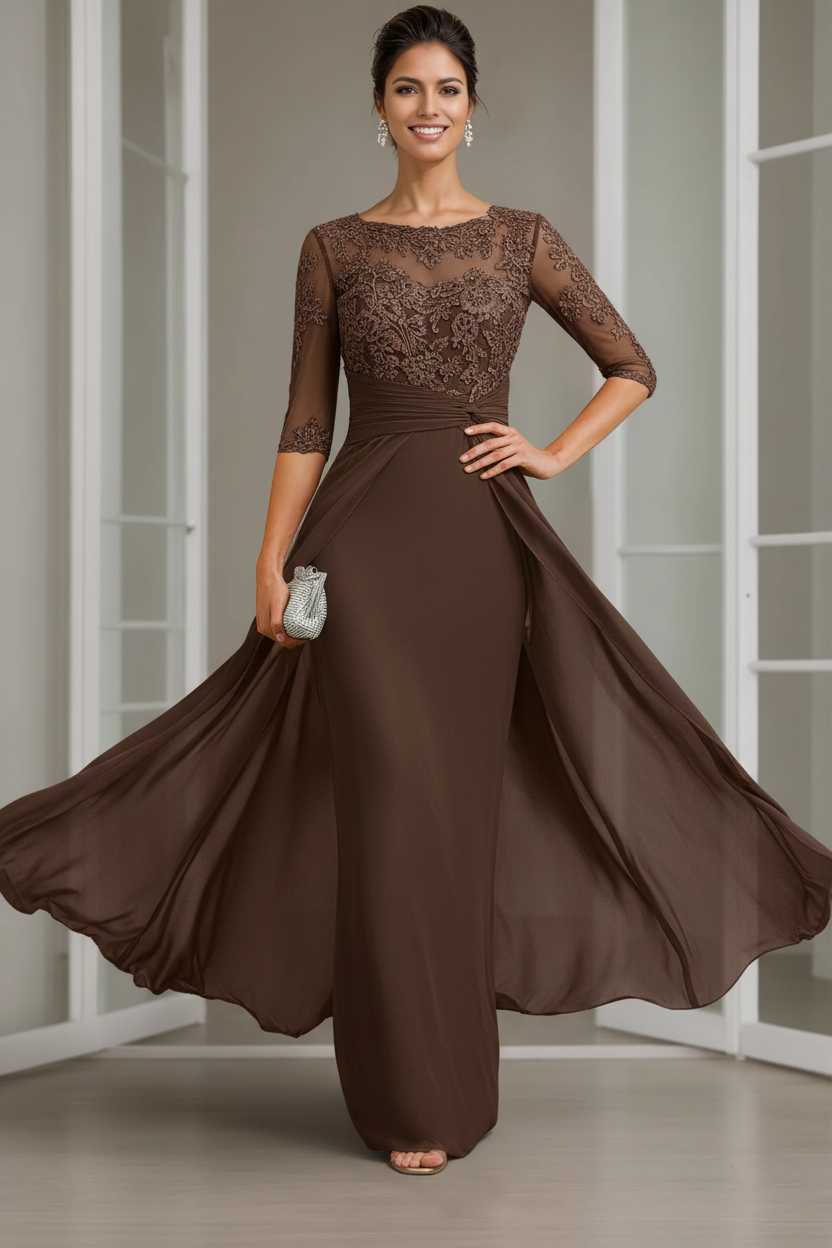 Sheath/Column Scoop Chiffon Lace Mother of the Bride Dresses Half Sleeves Floor-Length with Appliques