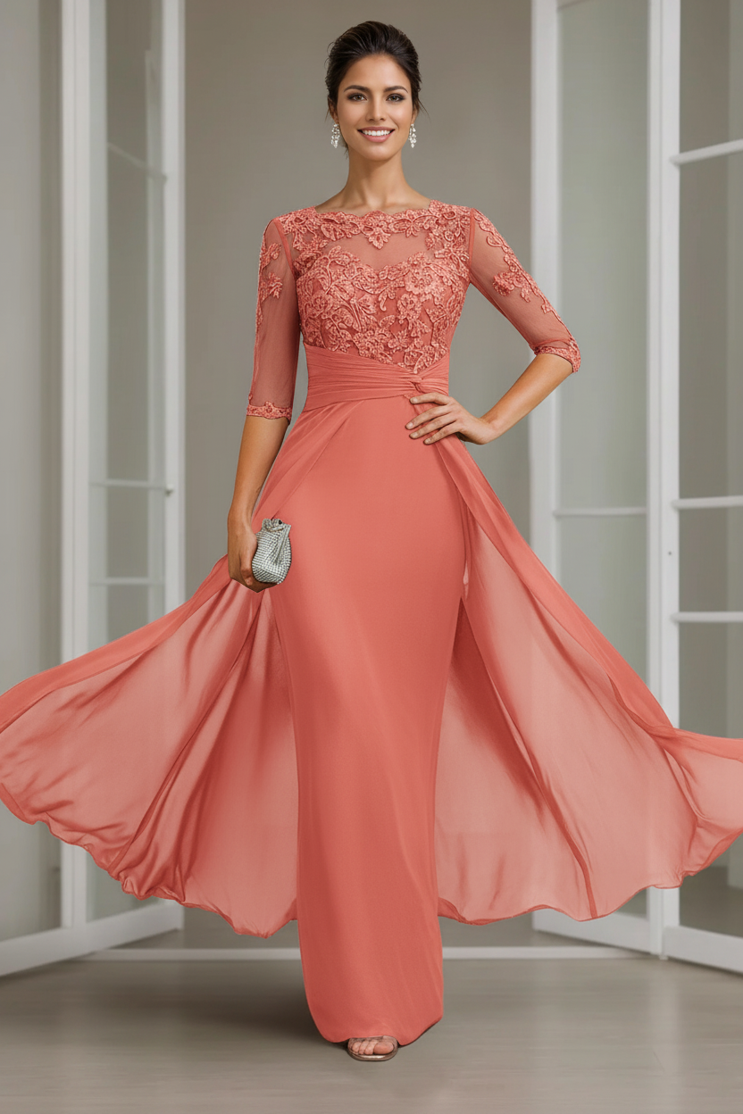 Sheath/Column Scoop Chiffon Lace Mother of the Bride Dresses Half Sleeves Floor-Length with Appliques