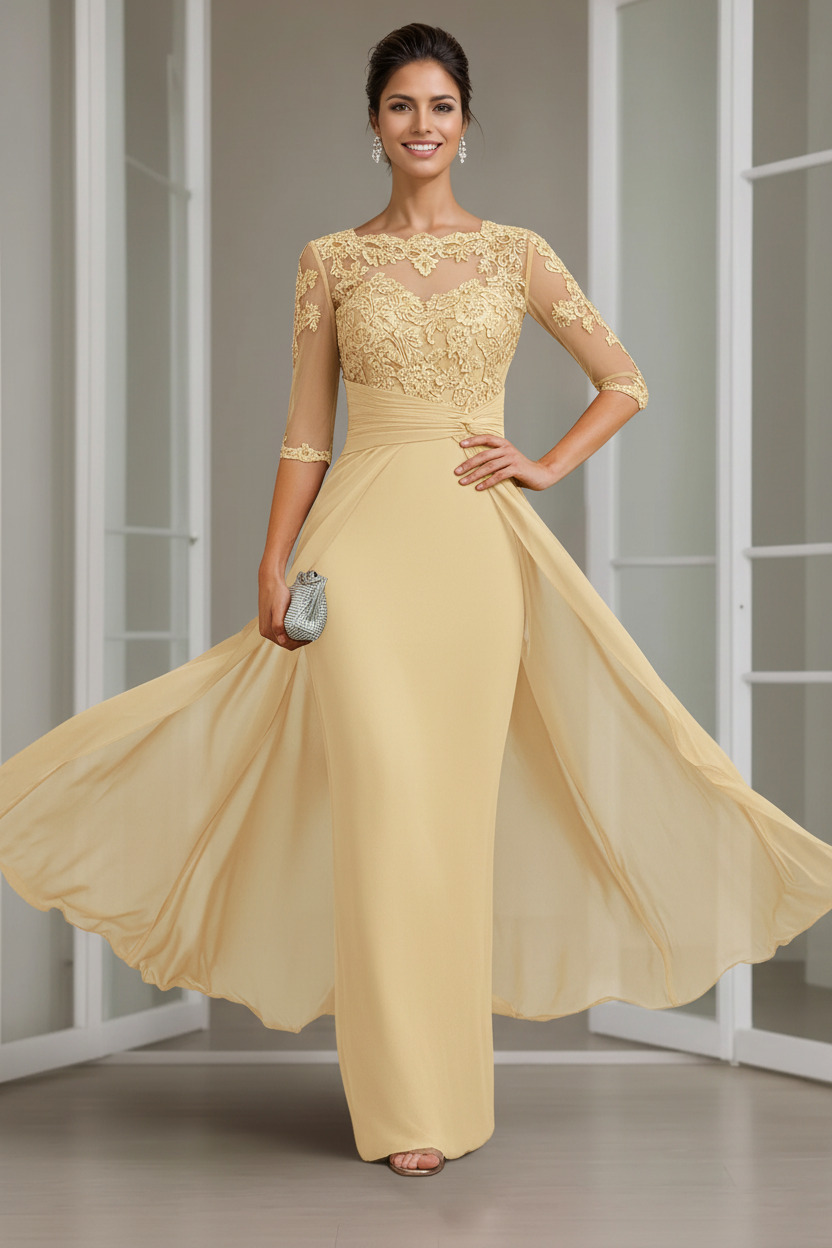 Sheath/Column Scoop Chiffon Lace Mother of the Bride Dresses Half Sleeves Floor-Length with Appliques