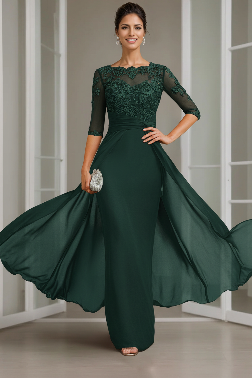 Sheath/Column Scoop Chiffon Lace Mother of the Bride Dresses Half Sleeves Floor-Length with Appliques