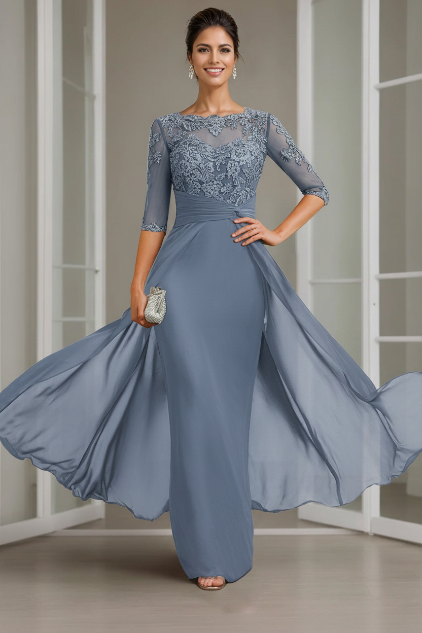 Sheath/Column Scoop Chiffon Lace Mother of the Bride Dresses Half Sleeves Floor-Length with Appliques