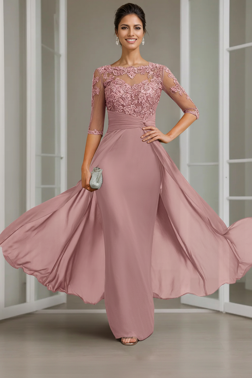 Sheath/Column Scoop Chiffon Lace Mother of the Bride Dresses Half Sleeves Floor-Length with Appliques