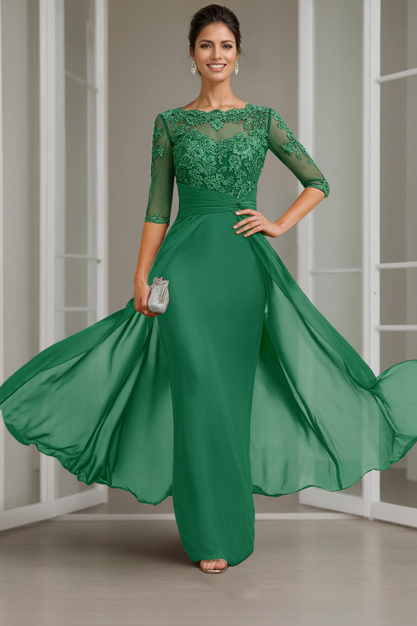 Sheath/Column Scoop Chiffon Lace Mother of the Bride Dresses Half Sleeves Floor-Length with Appliques