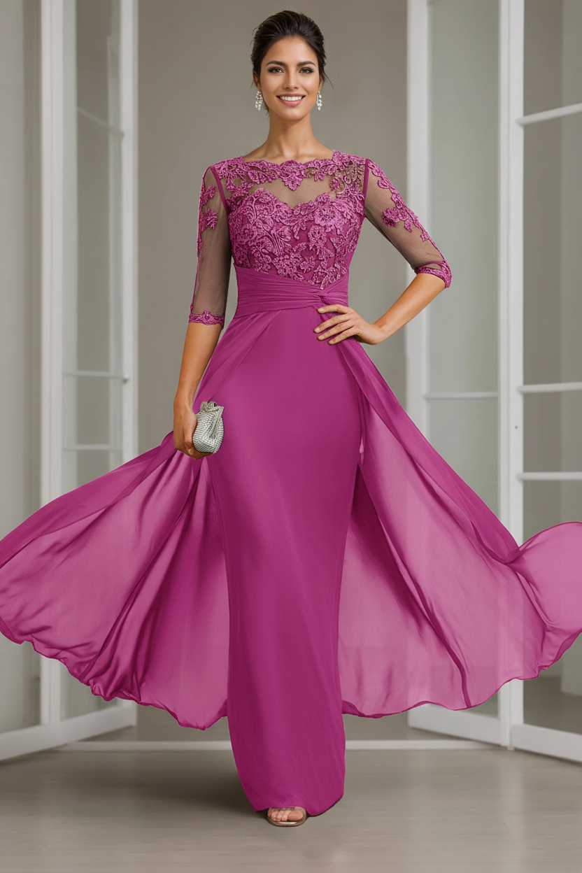 Sheath/Column Scoop Chiffon Lace Mother of the Bride Dresses Half Sleeves Floor-Length with Appliques