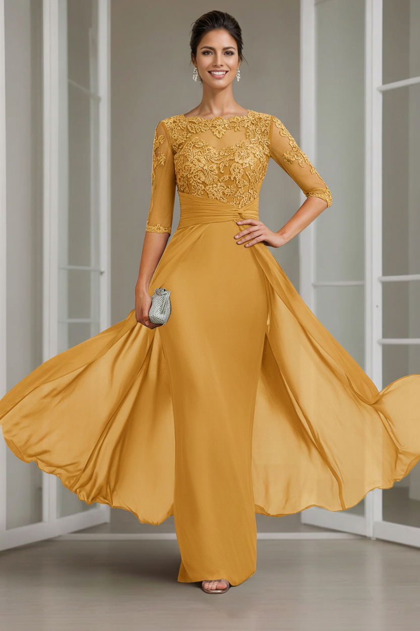 Sheath/Column Scoop Chiffon Lace Mother of the Bride Dresses Half Sleeves Floor-Length with Appliques