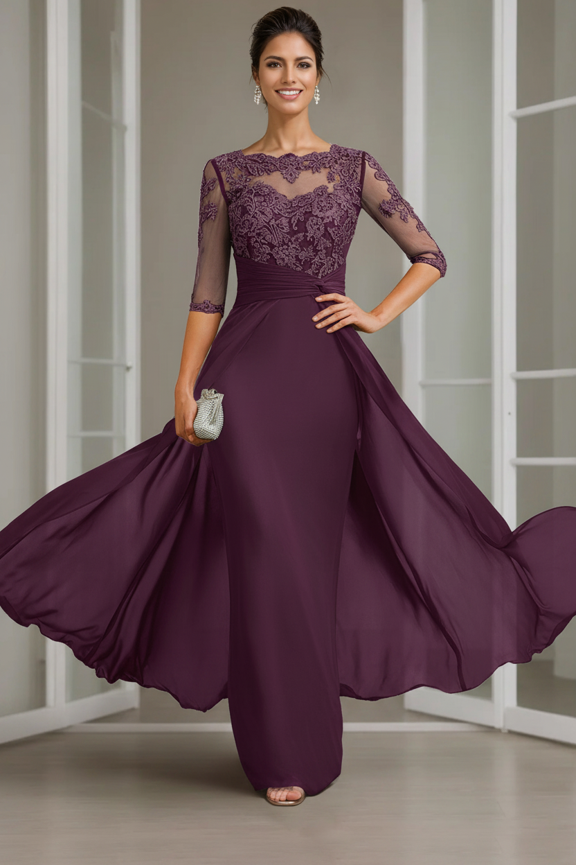 Sheath/Column Scoop Chiffon Lace Mother of the Bride Dresses Half Sleeves Floor-Length with Appliques