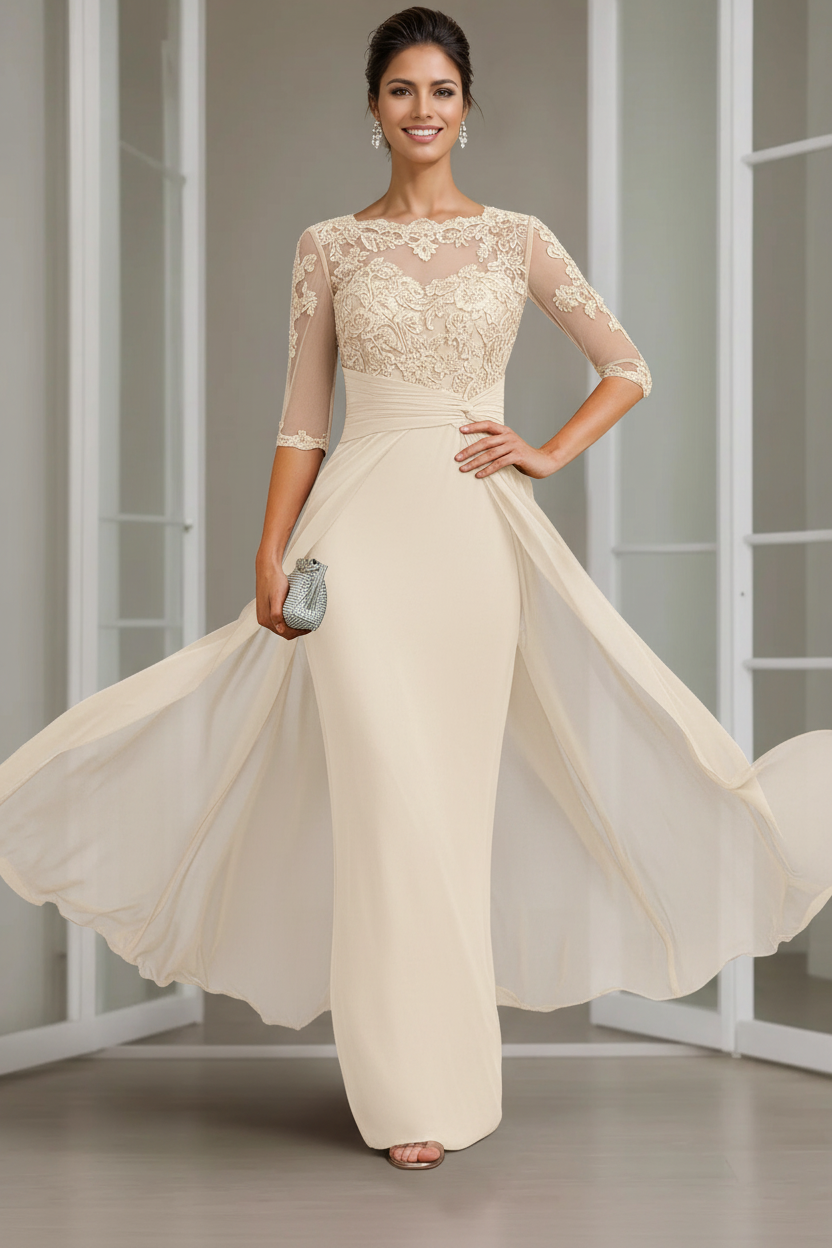 Sheath/Column Scoop Chiffon Lace Mother of the Bride Dresses Half Sleeves Floor-Length with Appliques