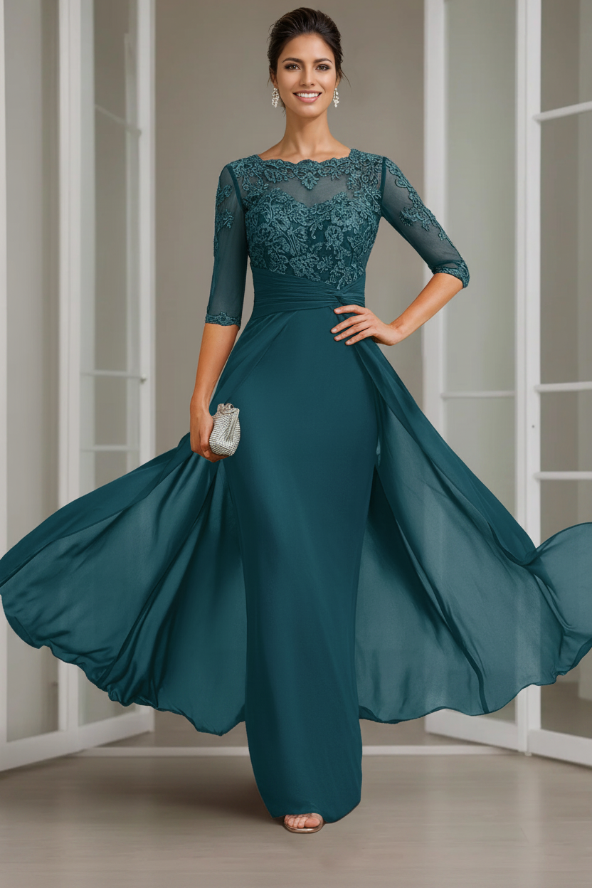 Sheath/Column Scoop Chiffon Lace Mother of the Bride Dresses Half Sleeves Floor-Length with Appliques