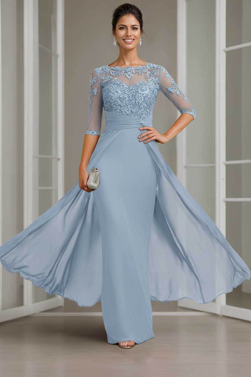 Sheath/Column Scoop Chiffon Lace Mother of the Bride Dresses Half Sleeves Floor-Length with Appliques