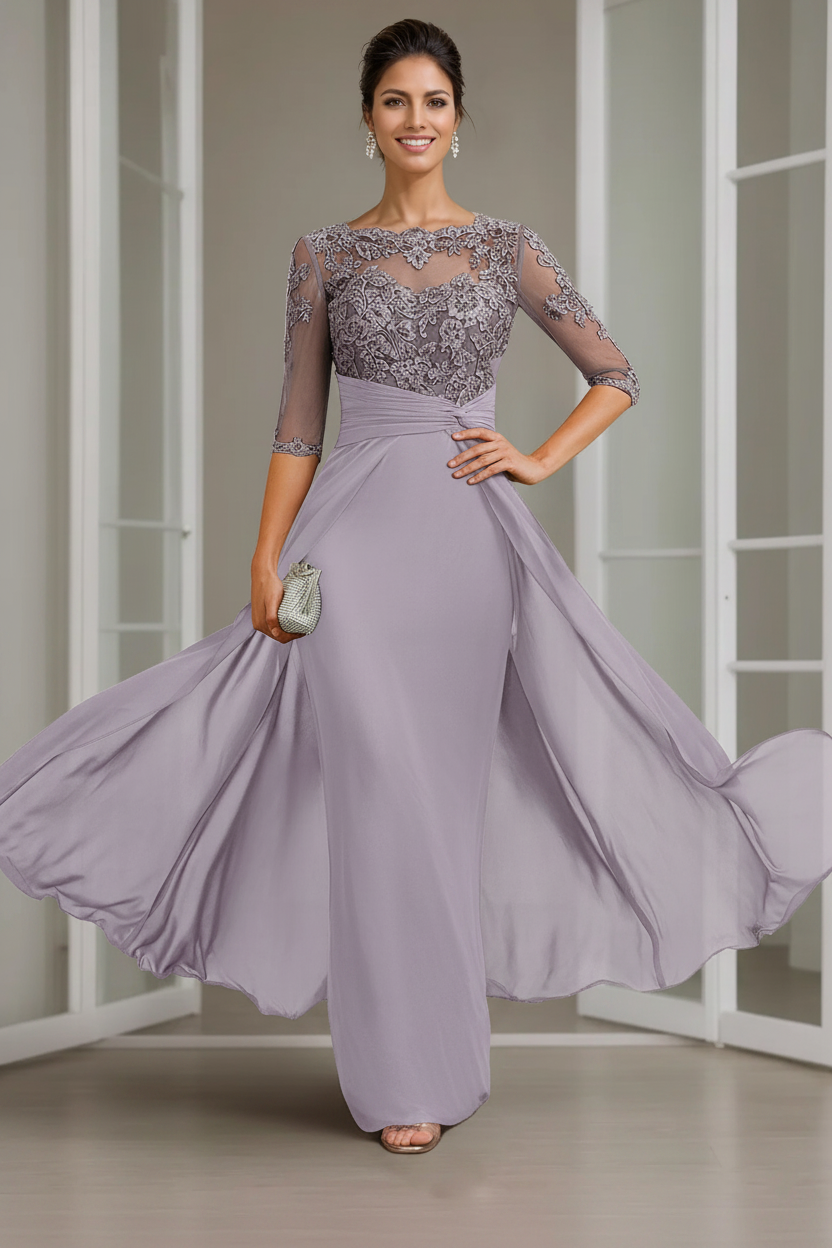 Sheath/Column Scoop Chiffon Lace Mother of the Bride Dresses Half Sleeves Floor-Length with Appliques