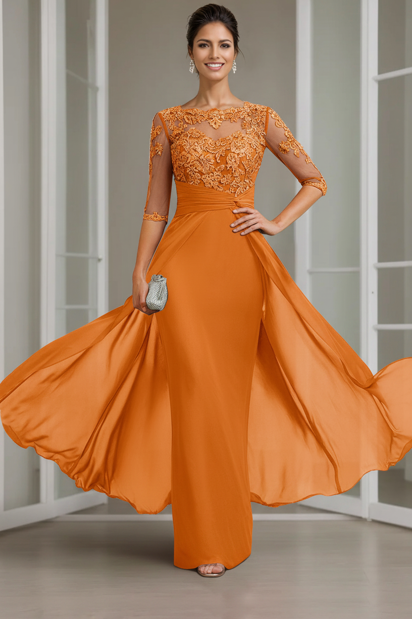 Sheath/Column Scoop Chiffon Lace Mother of the Bride Dresses Half Sleeves Floor-Length with Appliques