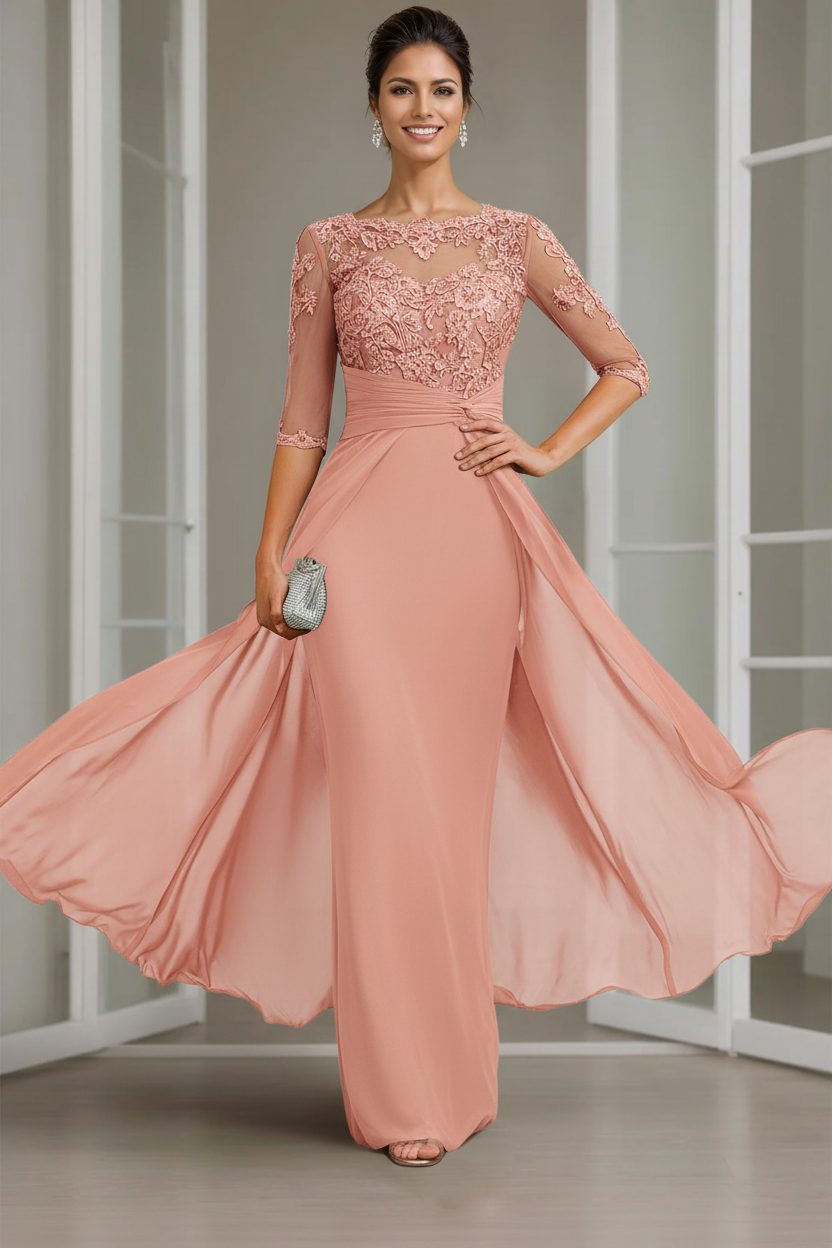 Sheath/Column Scoop Chiffon Lace Mother of the Bride Dresses Half Sleeves Floor-Length with Appliques
