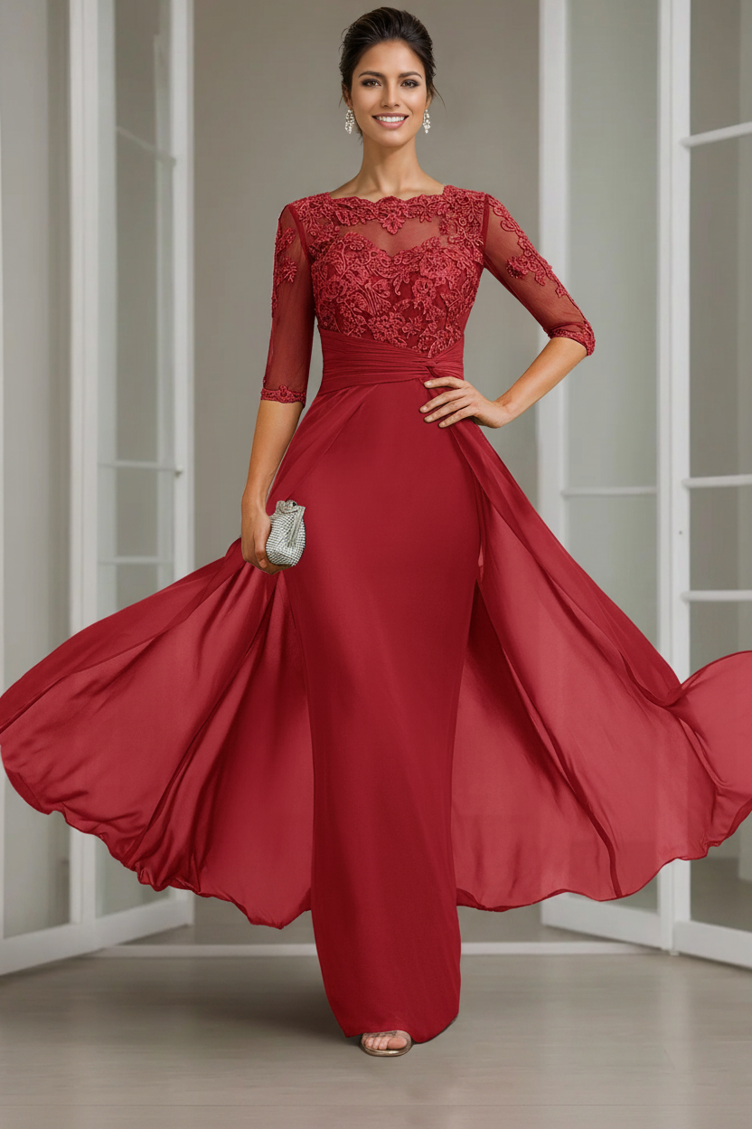 Sheath/Column Scoop Chiffon Lace Mother of the Bride Dresses Half Sleeves Floor-Length with Appliques