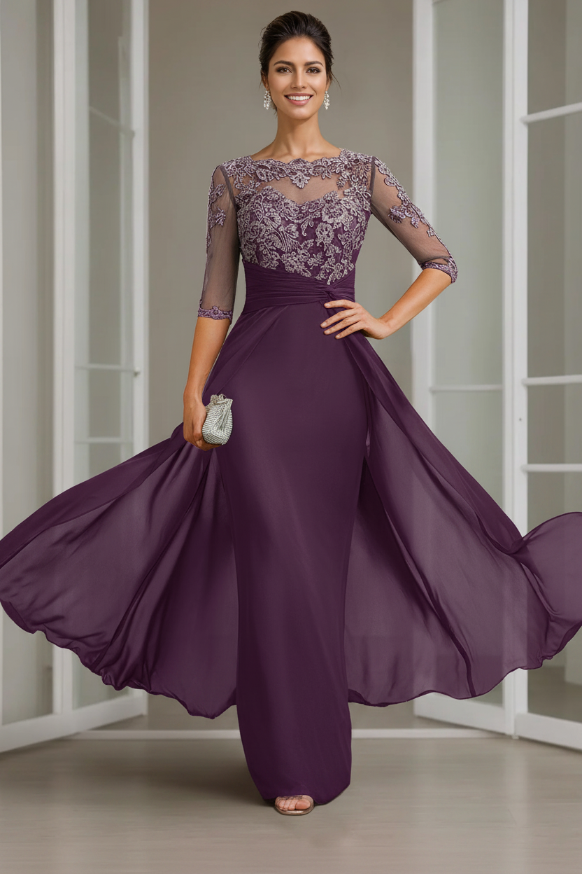 Sheath/Column Scoop Chiffon Lace Mother of the Bride Dresses Half Sleeves Floor-Length with Appliques