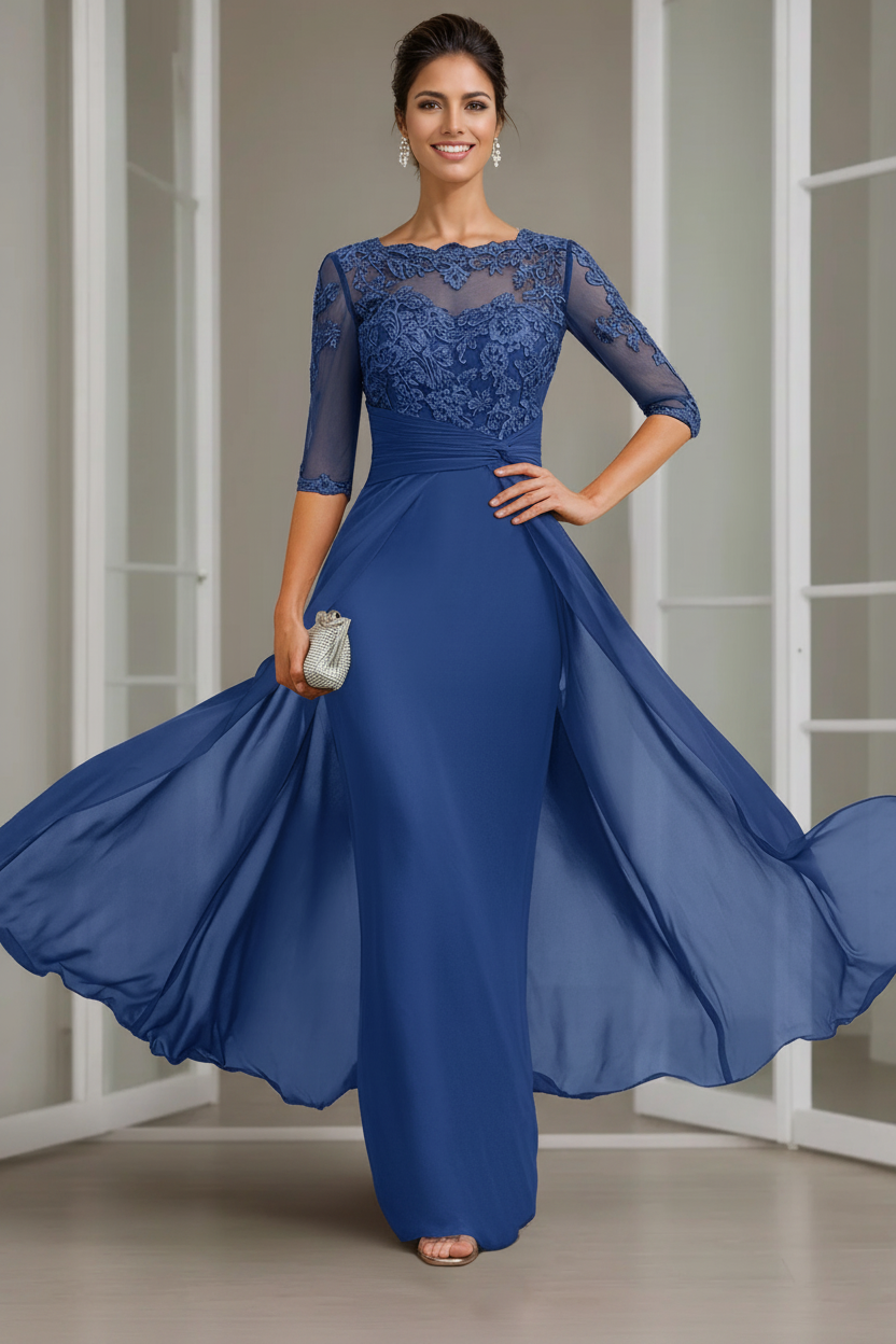 Sheath/Column Scoop Chiffon Lace Mother of the Bride Dresses Half Sleeves Floor-Length with Appliques