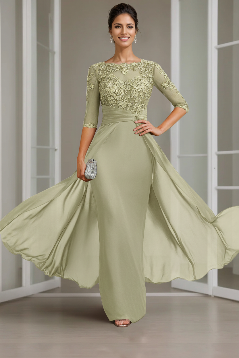 Sheath/Column Scoop Chiffon Lace Mother of the Bride Dresses Half Sleeves Floor-Length with Appliques